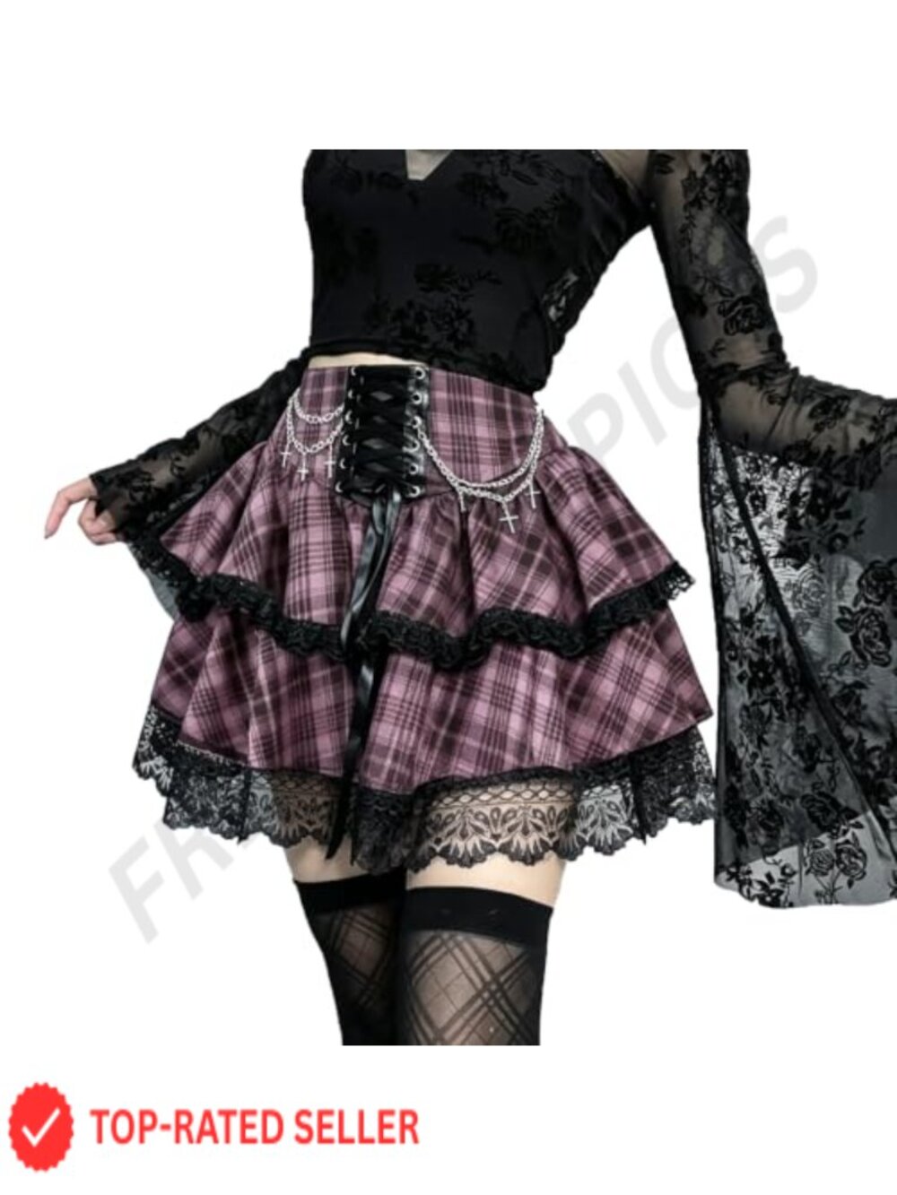 Pleated High Waist Mini Skirt A-Line Gothic Lace Up Chain Ruffle Hem Y2K
